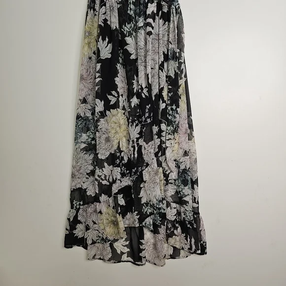 BAND of Gypsies Faux Wrap Dress  Black Floral Chiffon High Low Maxi sz S - Picture 4 of 11